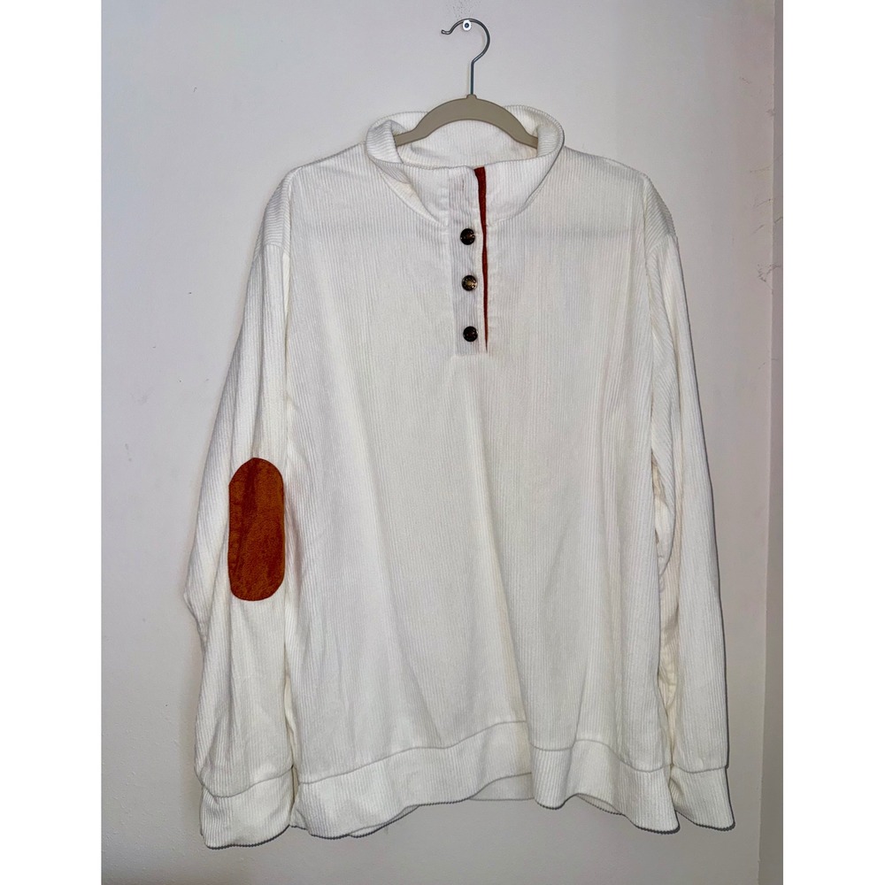 Mens White Corduroy Henley Pullover Sweater Brown Elbow Patches Mock Neck Large
